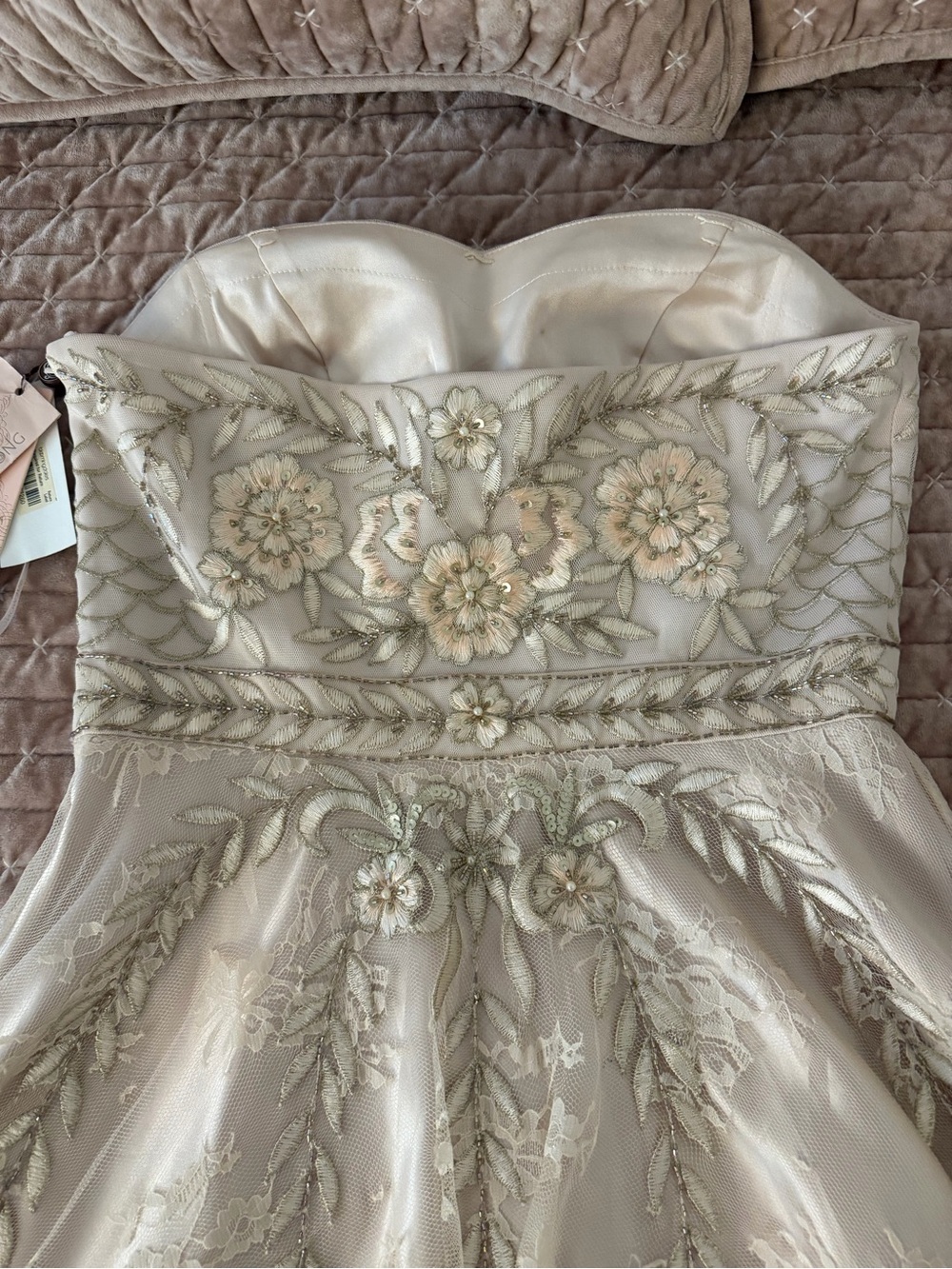 Sue Wong Strapless Lace-Embroidered Kids Dress in Champagne Gold - Picture 3 of 6